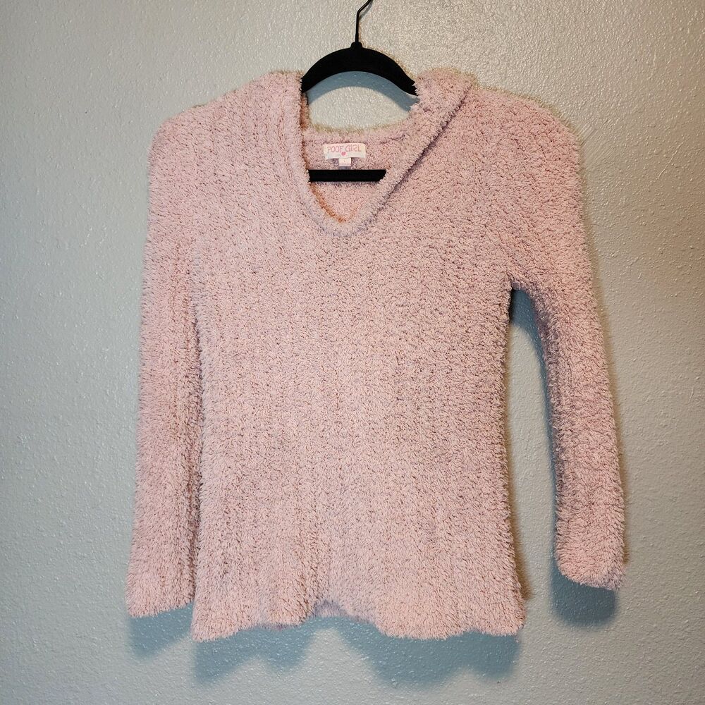 Poof Girl Large Pink Fuzzy Bouclé Hooded Sweater V-Neck Eyelash Knit Pullover